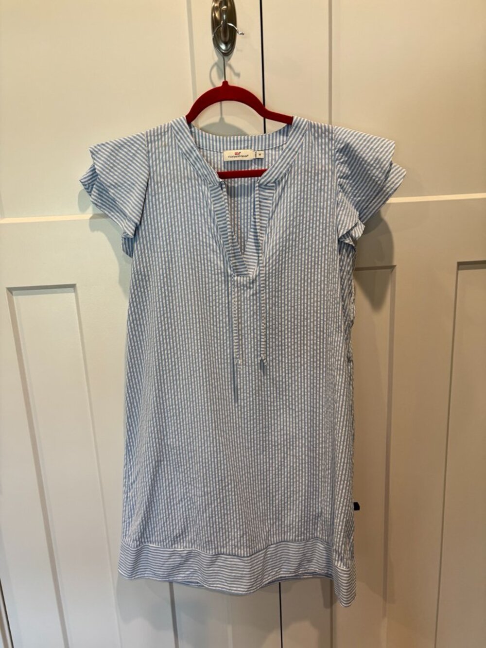 Vineyard Vines Blue White Seersucker Stripe Ruffle Sleeve Dress Size M
